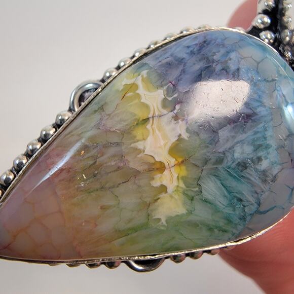 Handmade Rainbow Fluorite and Blue Chalcedony Pendant in Sterling Silver Setting - Picture 8 of 10